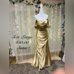 Luxurious Gold Satin Off-Shoulder Maxi Dress